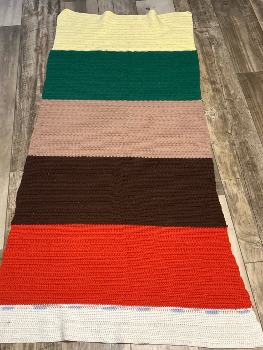 Vintage Striped Crochet Throw Blanket in Green, Pink, Brown, Red, Cream 70x30 in